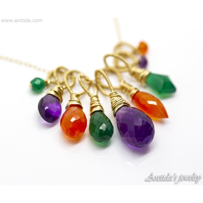 Amethyst Carnelian green Agate gold necklace Colorful gemstone cluster pendant - Lucinda