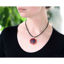 Dichroic glass silver necklace for women Orange Blue artisan cabochon