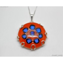Dichroic glass silver necklace for women Orange Blue artisan cabochon