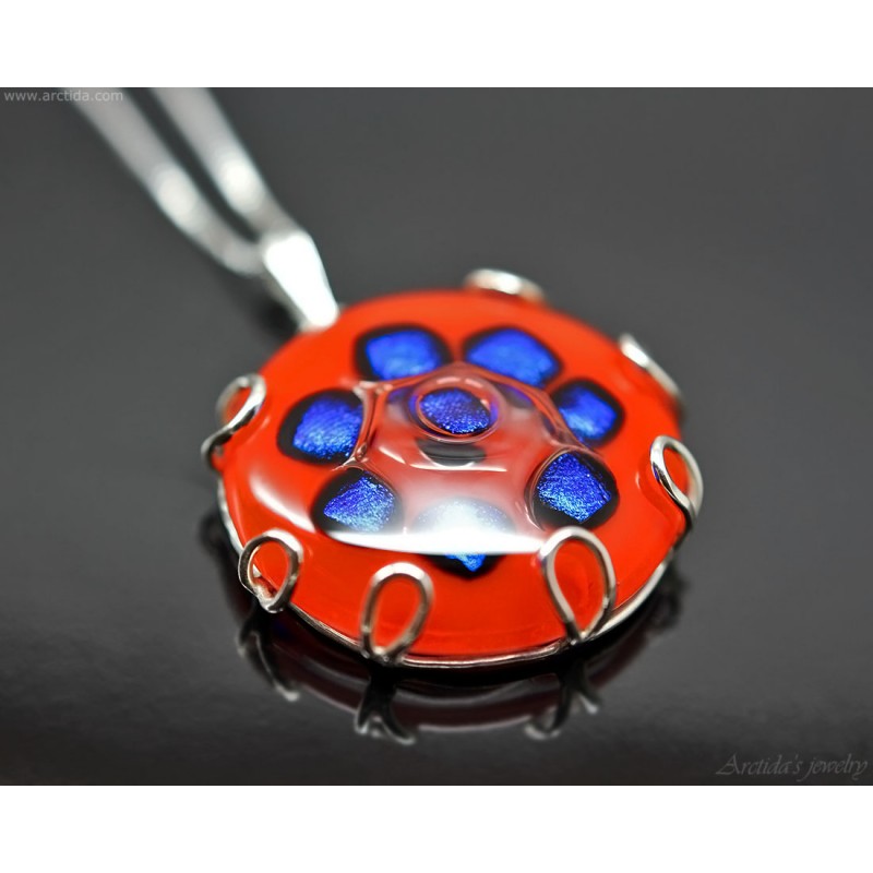 Dichroic glass silver necklace for women Orange Blue artisan cabochon