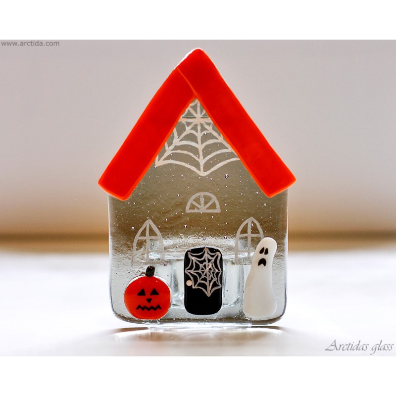 Handmade fused glass Halloween Haunted house Tea light holder