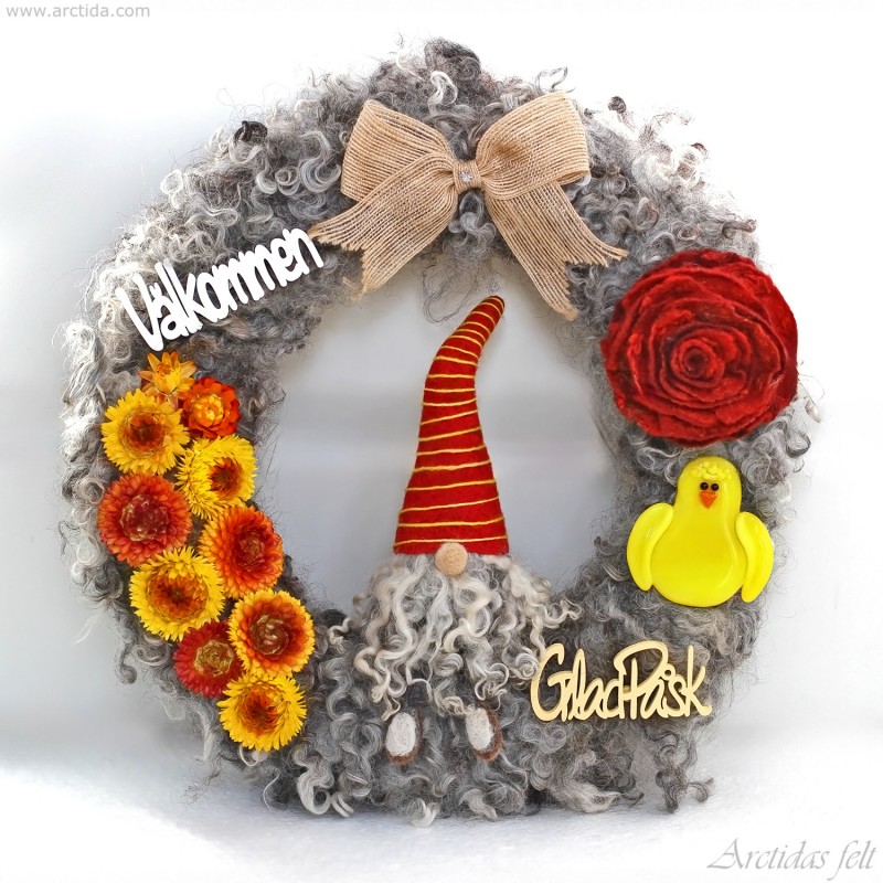 Easter door wreath Scandinavian wool wreath with felt gnome