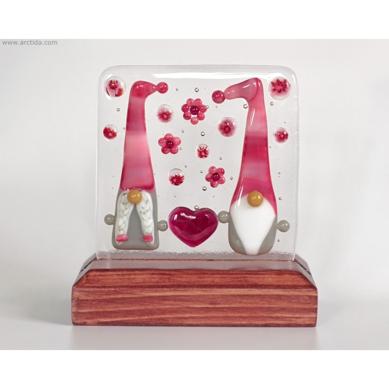Fused Glass Handmade Love gnome couple Pink home decor