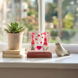 Fused Glass Handmade Love gnome couple Pink home decor