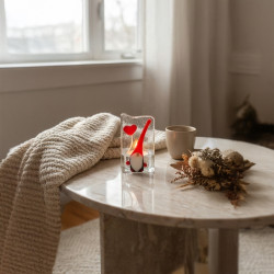 Fused glass handmade Love gnome with red heart tea light holder