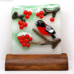 Handmade Fused Glass Bullfinch Art Panel | Nature Bird Glass Art