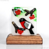 Handmade Fused Glass Bullfinch Art Panel | Nature Bird Glass Art