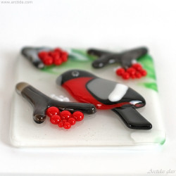 Handmade Fused Glass Bullfinch Art Panel | Nature Bird Glass Art