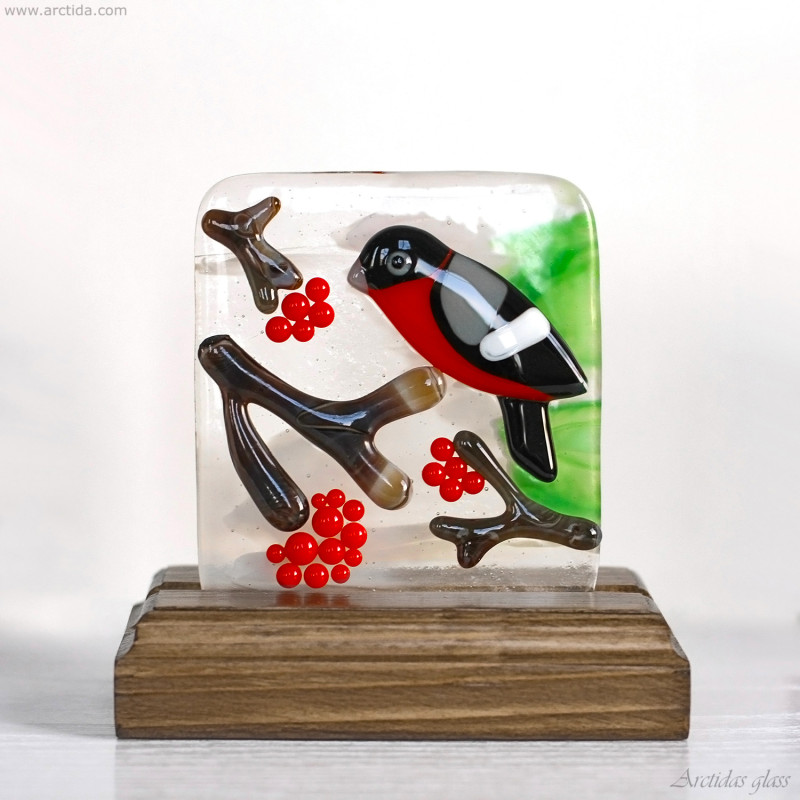 Handmade Fused Glass Bullfinch Art Panel | Nature Bird Glass Art