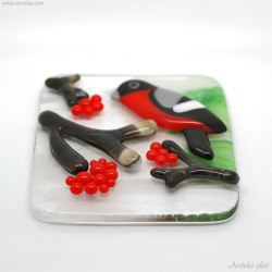 Handmade Fused Glass Bullfinch Art Panel | Nature Bird Glass Art