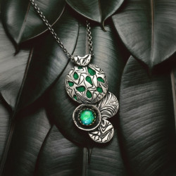 Emerald Green Dichroic Glass Silver Pendant Necklace and Earrings Set