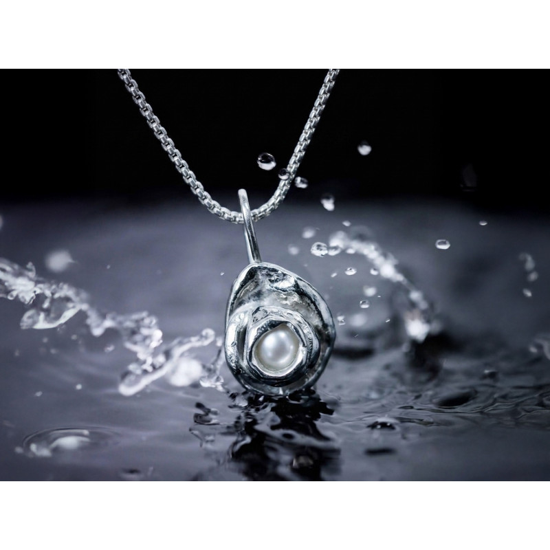 Handmade Water Cast Silver Flower Necklace with Genuine Pearl