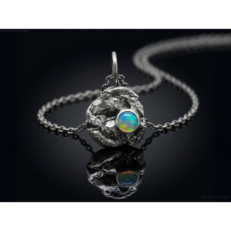 Molten Silver Ethiopian Opal Necklace Handmade Recycled Water Cast Jewelry