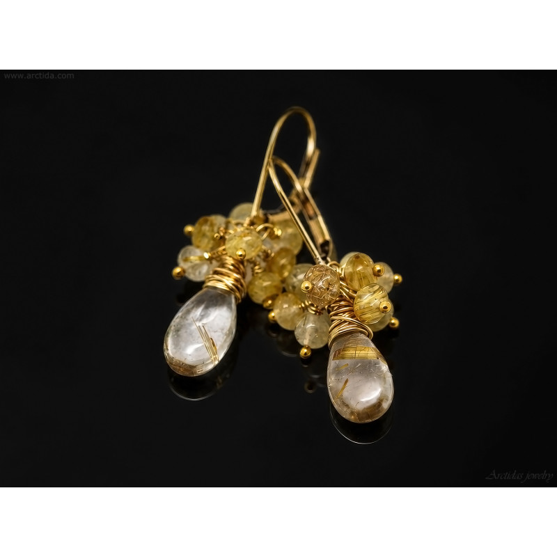 Golden Rutilated Quartz dangle cluster earrings wire wrapped 14K gold filled