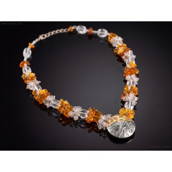 Ice and Fire - Amber Rock Crystal Clear Quartz silver gold necklace and earrings set