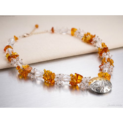 Ice and Fire - Amber Rock Crystal Clear Quartz silver gold necklace and earrings set