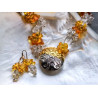 Ice and Fire - Amber Rock Crystal Clear Quartz silver gold necklace and earrings set