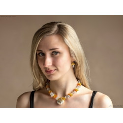 Ice and Fire - Amber Rock Crystal Clear Quartz silver gold necklace and earrings set