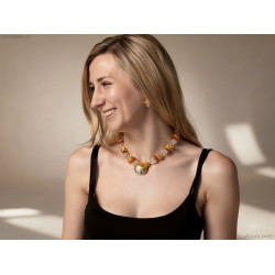 Ice and Fire - Amber Rock Crystal Clear Quartz silver gold necklace and earrings set