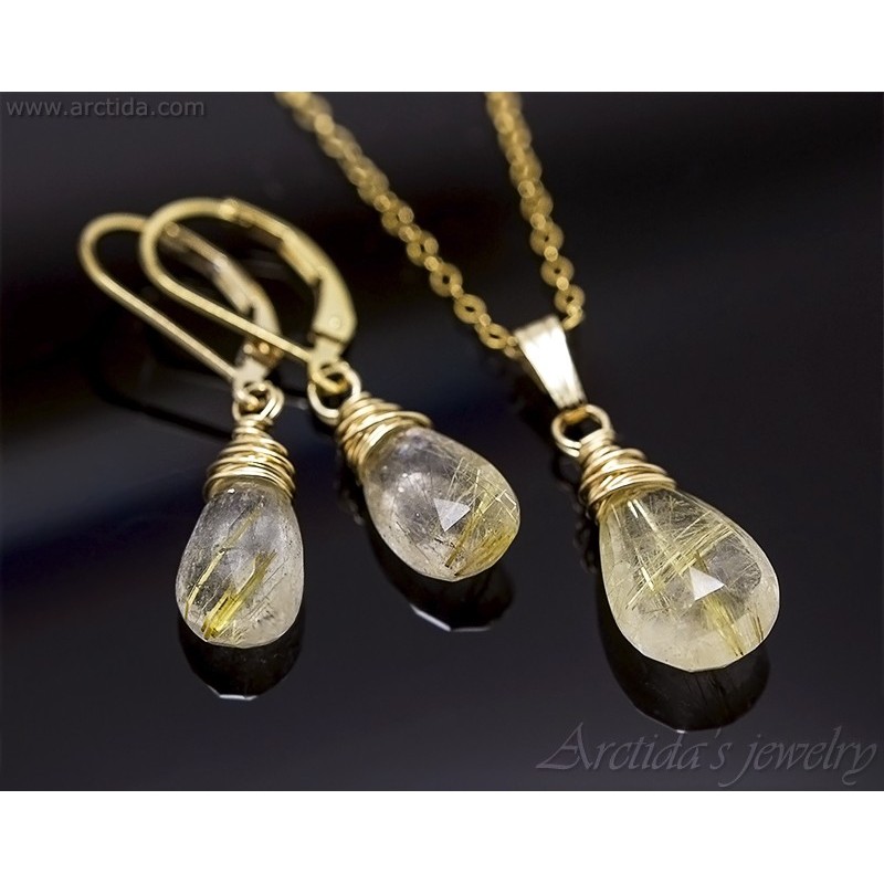 Golden Rutilated Quartz necklace and earrings set in 14K gold filled - Elina