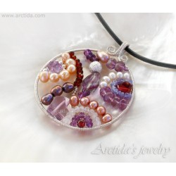 Mosaic necklace – Fluorite Garnet Moonstone Pearls Pink Amethyst and Tanzanite necklace in sterling silver