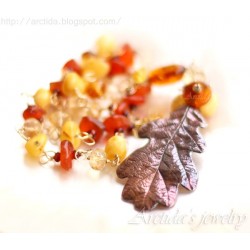 Oak leaf Amber Carnelian Citrine Garnet Pyrite gold necklace