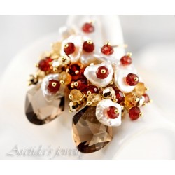 Garnet Citrine Pyrite Keshi pearls Smoky quartz Pomegranate earring