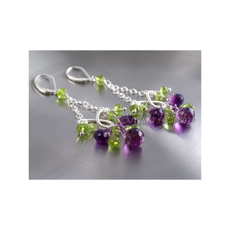 Chandelier earrings Peridot Amethyst silver earrings - Domani