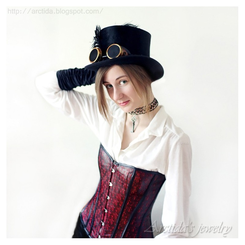 Steampunk halsband sterlingsilver läder vintage nyckel