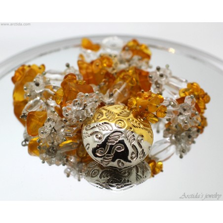 Ice and Fire - Amber Rock Crystal Clear Quartz silver gold necklace and ...